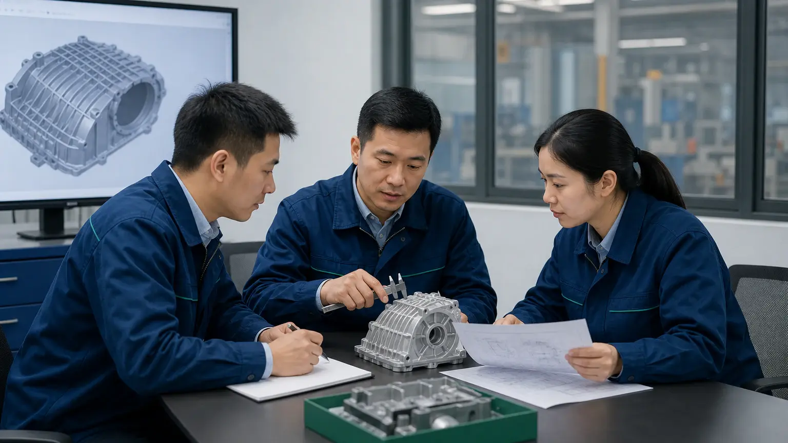 Manufacturing engineers reviewing an aluminum die casting design
