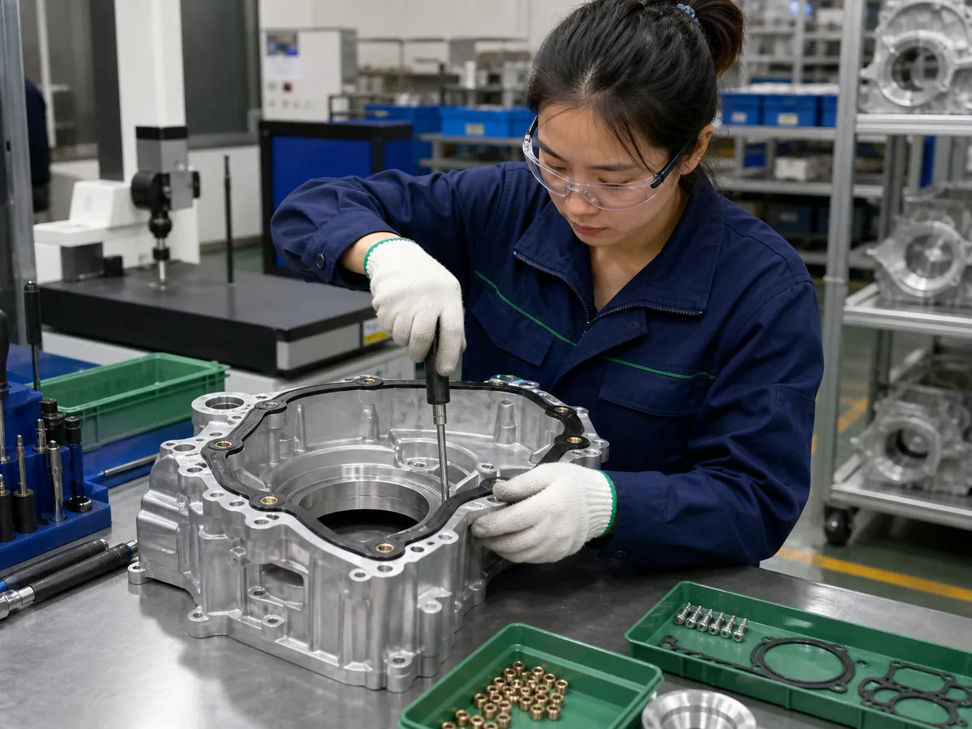 Industrial assembly workstation fitting hardware to die cast aluminum parts