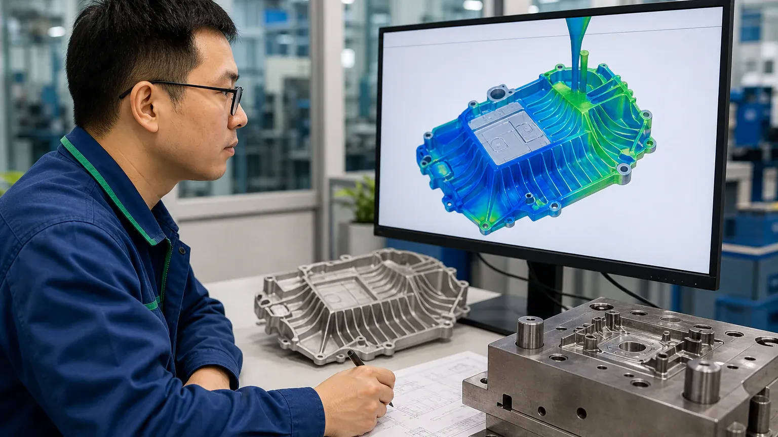 Tooling engineer reviewing mold flow simulation for an aluminum casting