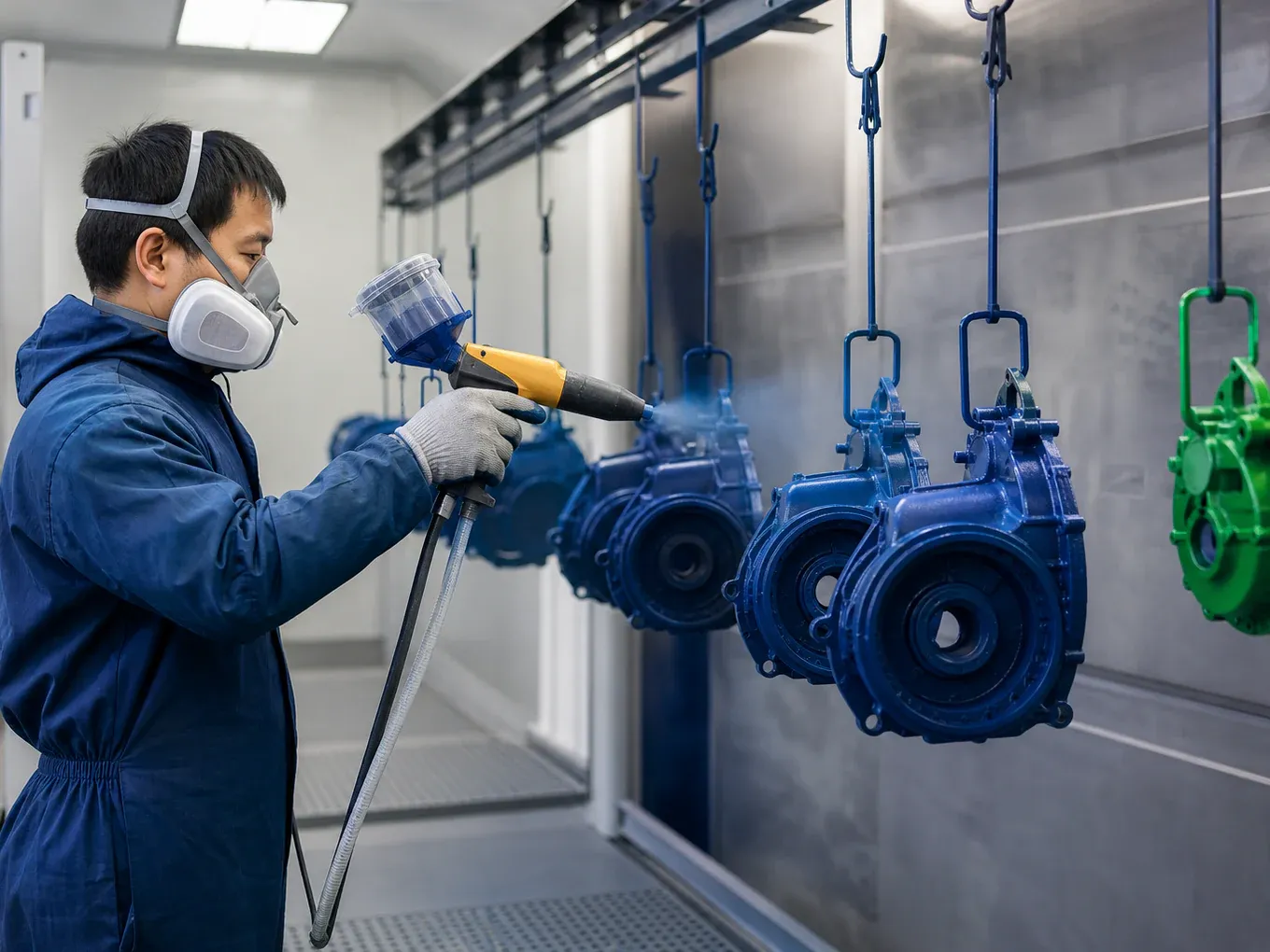 Powder coating die cast aluminum housings on a controlled finishing line