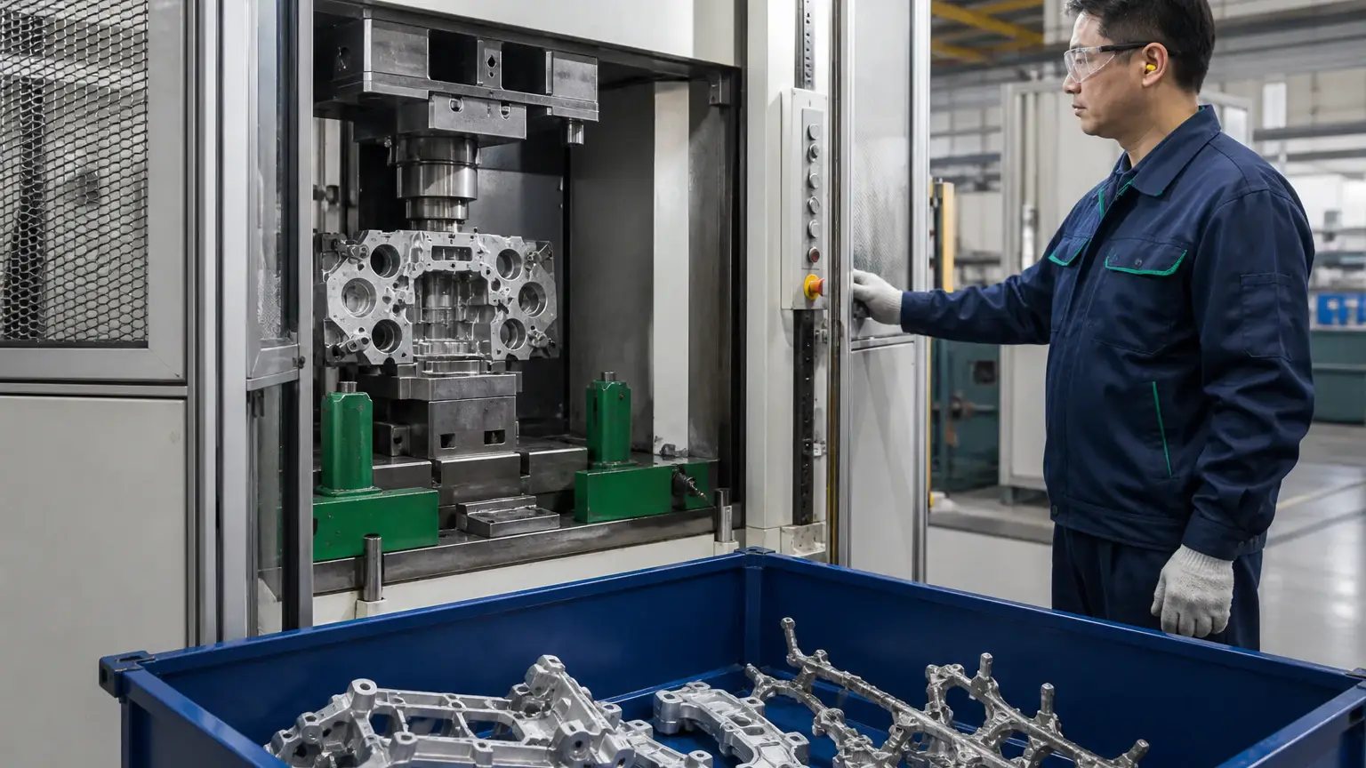 Trim press removing runners and flash from aluminum die cast parts